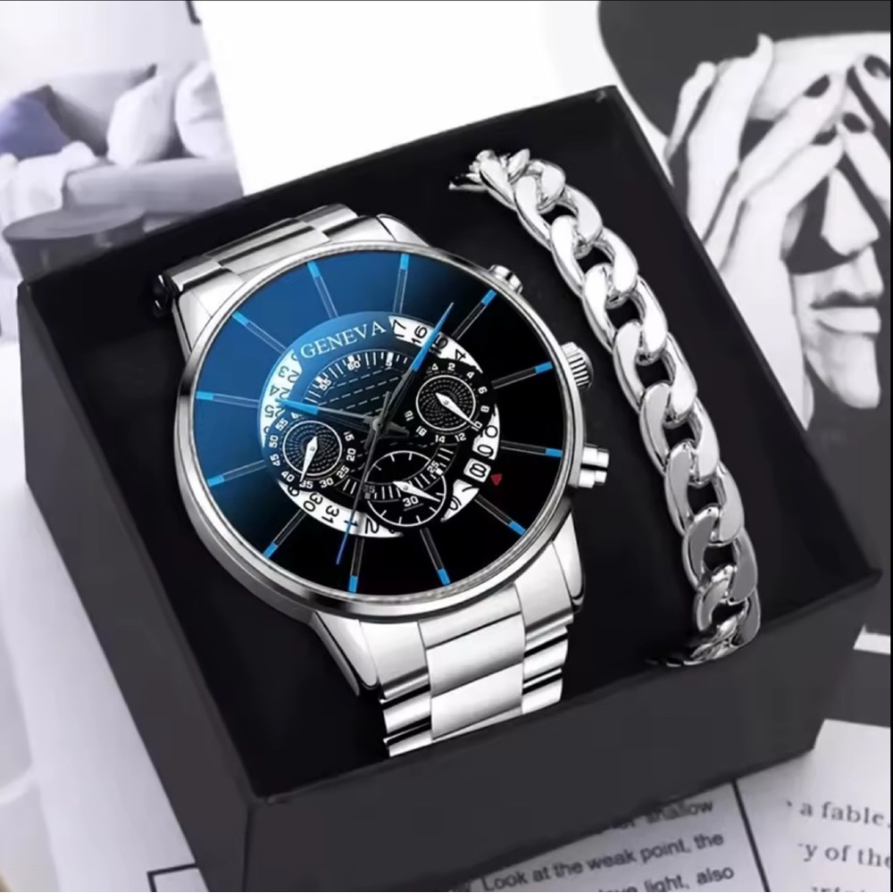 2pcs Luxury Black/Blue Quartz Watch & Bracelet  For Men Round Calendar Watch Set
